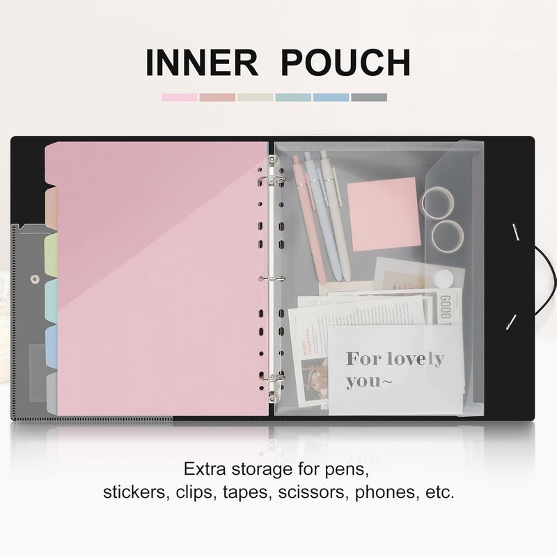 Uquelic 3-Ring Binder 1-Inch with Dividers, 6 Pocket Folders (12 Pockets) & Clear Pouch, Elastic Closure Refillable PP Folder for Letter Size Documents, School, Office - Macaron Inner Pages - Image 2
